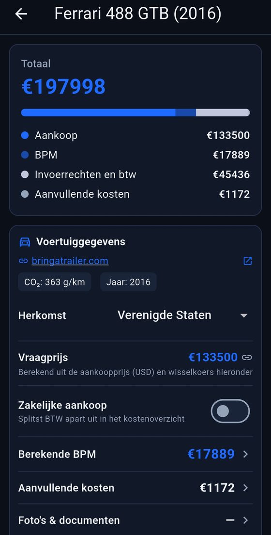 Totaal en kosten van een auto uit de VS