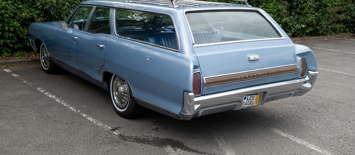 Blauwe Pontiac Bonneville stationwagon uit 1966 met 427-motor bij de TÜV