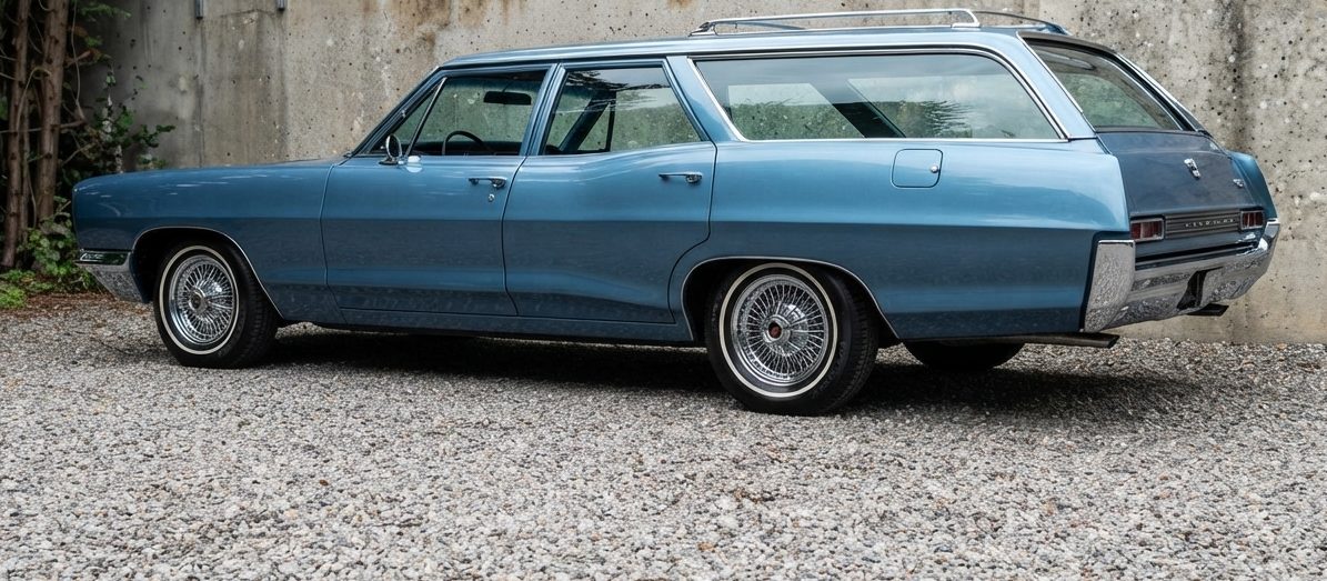 Blauwe Pontiac Bonneville stationwagon uit 1966 met 427-motor