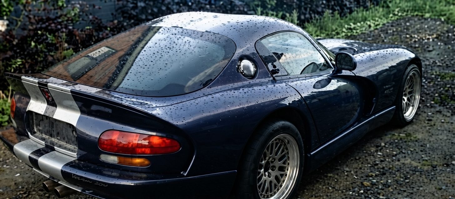 Blauwe Dodge Viper met witte strepen